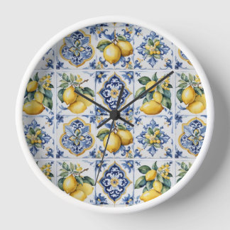 White and Blue Amalfi Tiles Lemons Italy  Clock