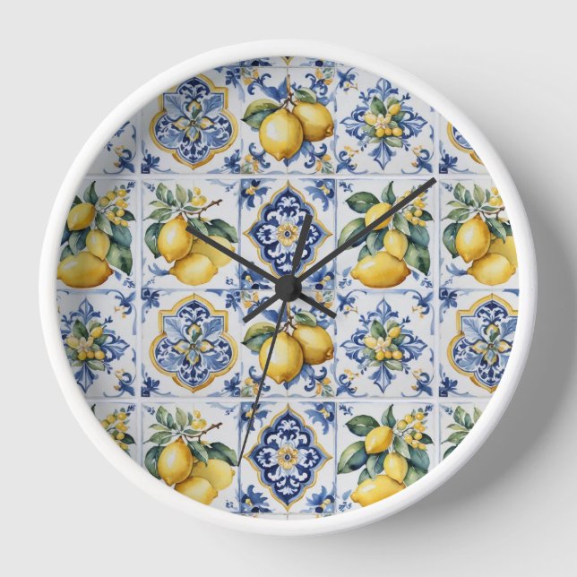 White and Blue Amalfi Tiles Lemons Italy  Clock (Front)