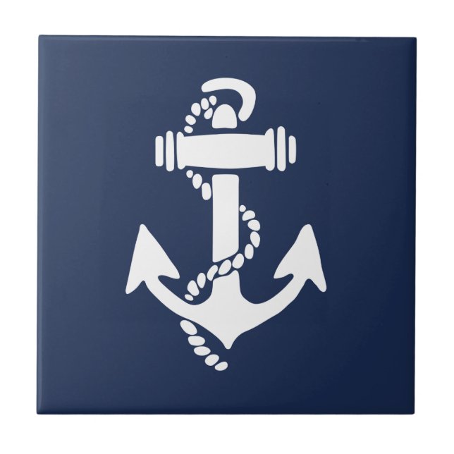 White and Blue Anchor Nautical Beach Ceramic Tile (Front)