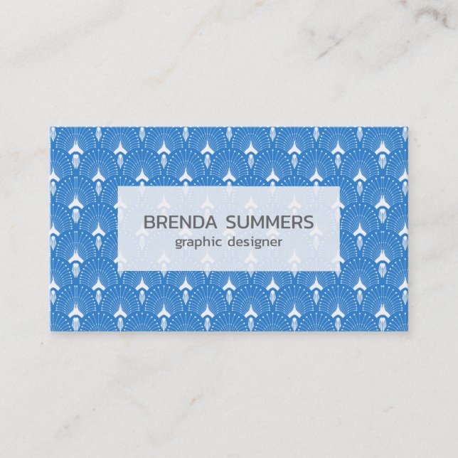 White and blue art-deco pattern business card (Front)