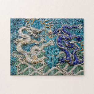 White and Blue Asian Style Dragons Jigsaw Puzzle