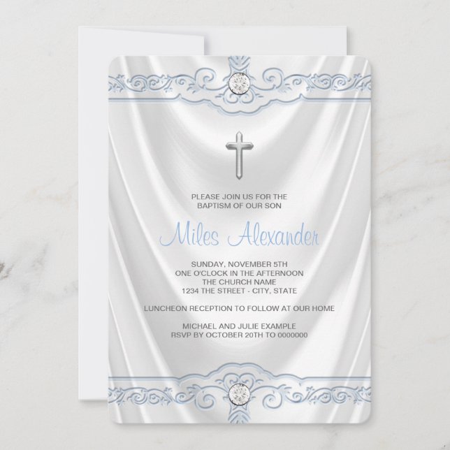 White and Blue Baptism Christening White Satin Invitation (Front)