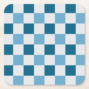 White And Blue Chequerboard Pattern  Square Paper Coaster