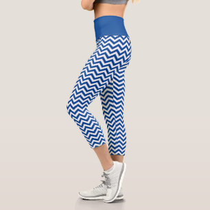 White And Blue Chevron Pattern Capri Leggings