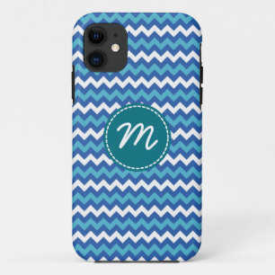 White and Blue Chevron Pattern Custom Monogram iPhone 11 Case