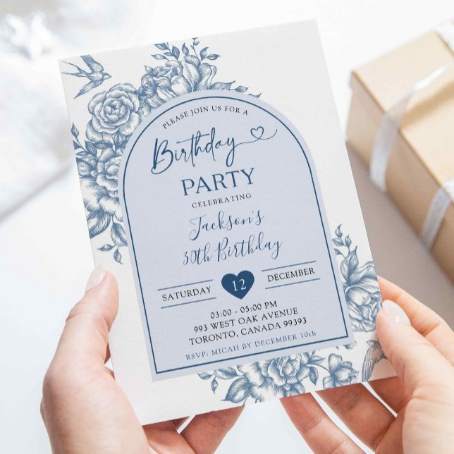 White and Blue Chinoiserie Birthday Party Invitation (Creator Uploaded)