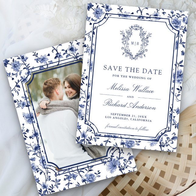 White and Blue Chinoiserie Crest Photo Wedding Save The Date (Creator Uploaded)