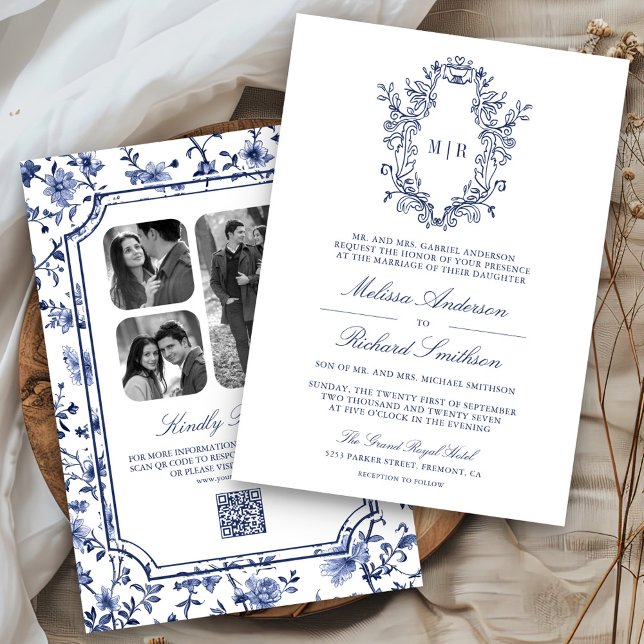 White and Blue Chinoiserie Crest QR Code Wedding Invitation (Creator Uploaded)
