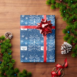 White and Blue Christmas Tree Monogrammed Wrapping Paper