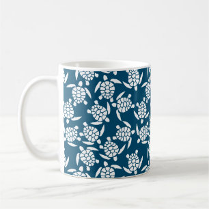 White and Blue Coastal Style Turtle Pattern Coffee Mug