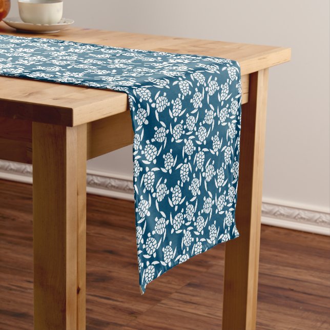 White and Blue Coastal Style Turtle Pattern Short Table Runner (In Situ)