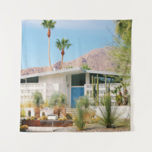 WHITE AND BLUE CONCRETE BUILDING NEAR GREEN TREES TAPESTRY