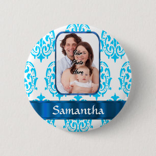 White and blue damask 6 cm round badge