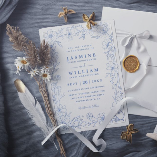 White and Blue Elegant Floral QR Code Wedding Invitation (Creator Uploaded)