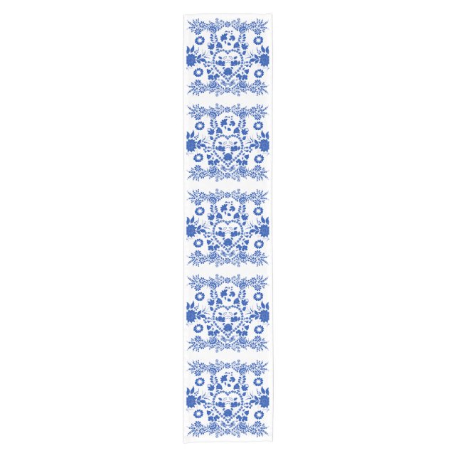White and Blue European Folk Art Table Runner (Front)