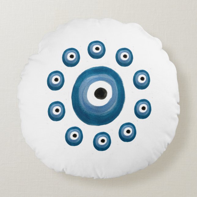 White and Blue Evil Eye Pillow Watercolor (Front)