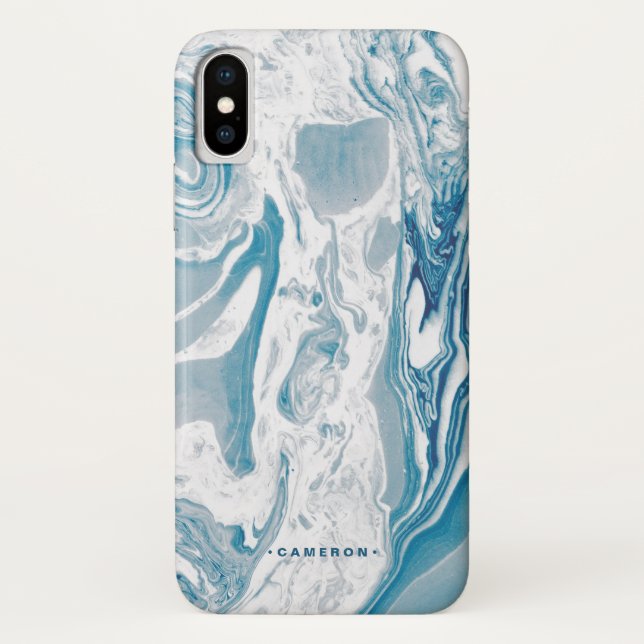 White and Blue Faux Marble Modern Personalised Case-Mate iPhone Case (Back)