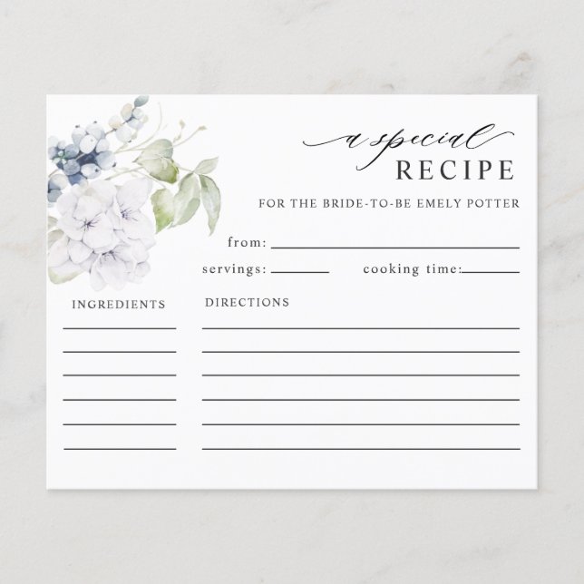 White and Blue Floral Bridal Shower Recipe Card (Front)