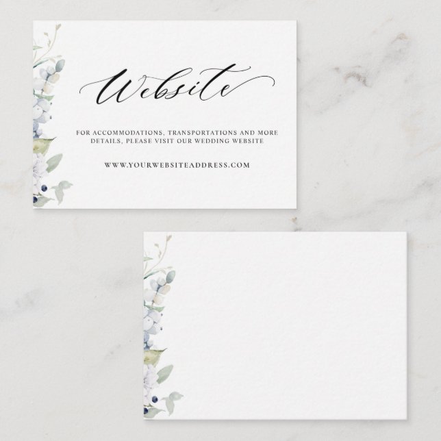 White and Blue Floral Chic Wedding Website White Enclosure Card (Front/Back)