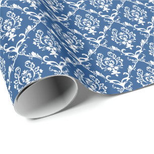 White And Blue Floral Damasks Pattern Wrapping Paper
