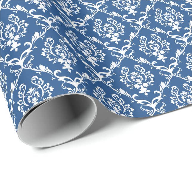 White And Blue Floral Damasks Pattern Wrapping Paper (Roll Corner)