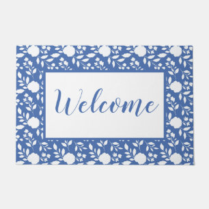 White and Blue Floral Doormat