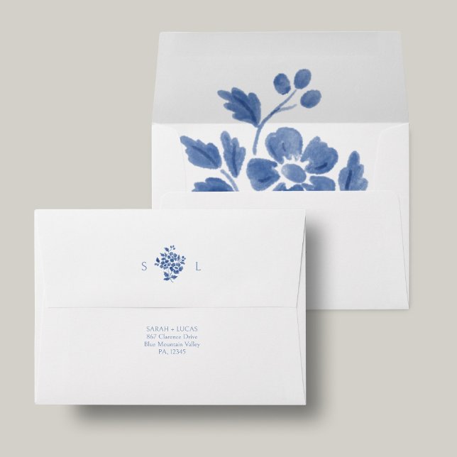 White and Blue Floral Monogram Wedding  Envelope (Creator Uploaded)