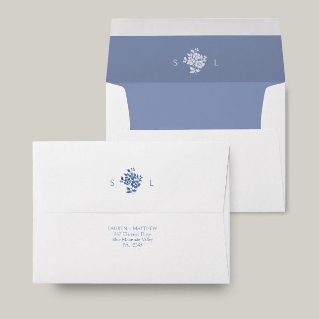White and Blue Floral Monogram Wedding  Envelope (Creator Uploaded)