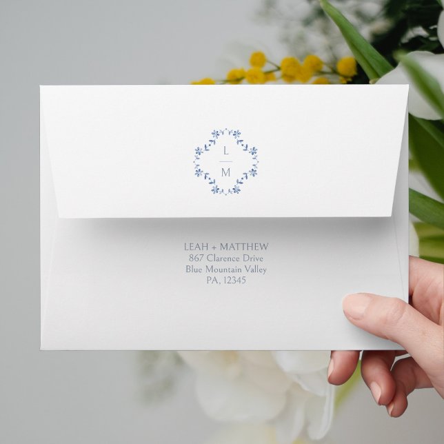 White and Blue Floral Monogram Wedding  Envelope (Creator Uploaded)