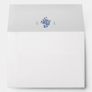 White and Blue Floral Monogram Wedding Envelope