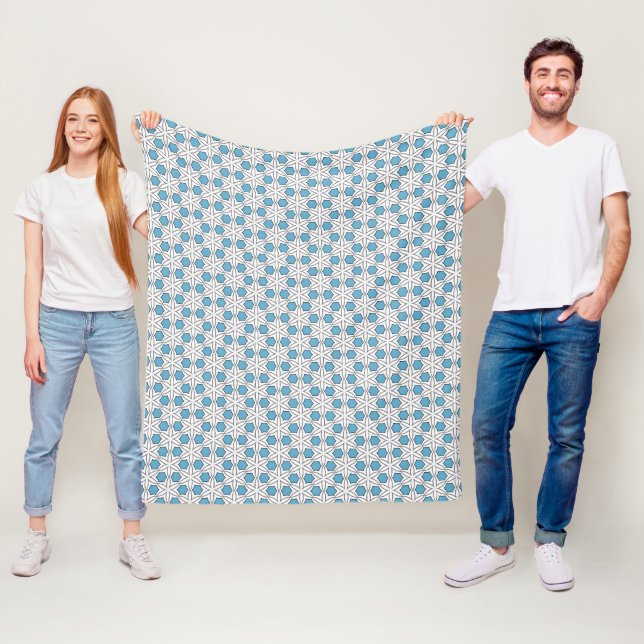 White and Blue Floral Mosaic Fleece Blanket (In Situ)