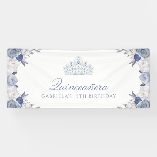 White and Blue Floral Quinceanera Banner (Horizontal)