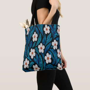 White and Blue Floral Tote Bag
