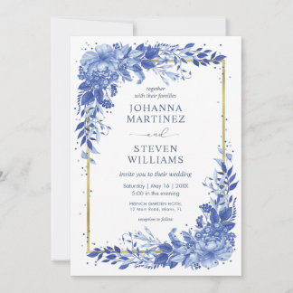 White and Blue Flowers Golden Frame Wedding Invitation