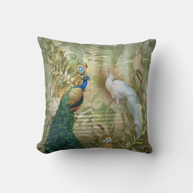 White and Blue-green Royal Peacocks Cushion (Front)