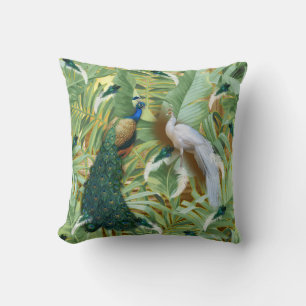 White and Blue-green Royal Peacocks Cushion