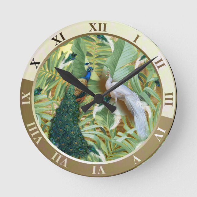 White and Blue-green Royal Peacocks Round Clock (Front)