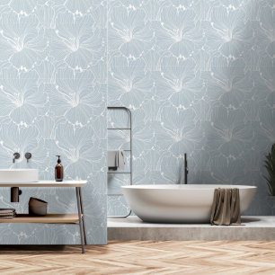 White and blue grey floral tile pattern wallpaper