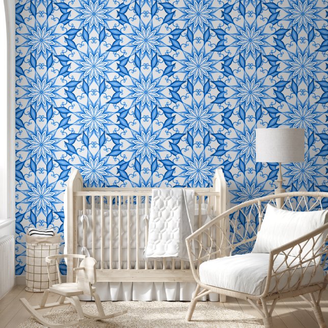 White and Blue Mandala Bohemian Maximalist Hippie Wallpaper (Kids)