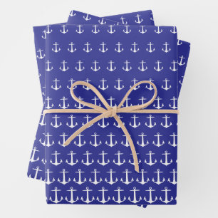 White and Blue Marine Anchor Pattern Custom Wrapping Paper Sheet
