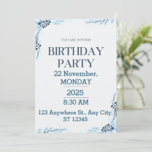 White and Blue Modern Birthday Party Invitation