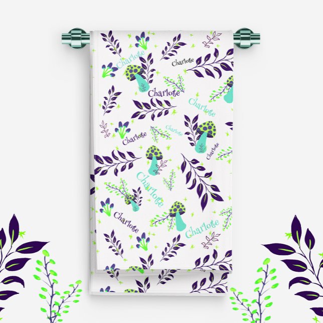 White and Blue Mushrooms Pattern Custom Baby Name  Hand Towel (A funny garden with mushrooms and flowers for your baby! With Custom Name!)