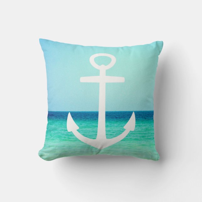 White and Blue Nautical Anchor Pillow (Front)