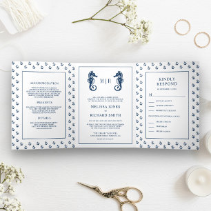 White and Blue Nautical Anchor Seahorse Wedding Tri-Fold Invitation