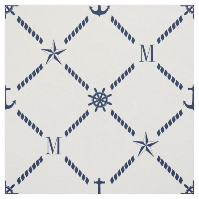 White and Blue Nautical Monogram Fabric (Swatch)
