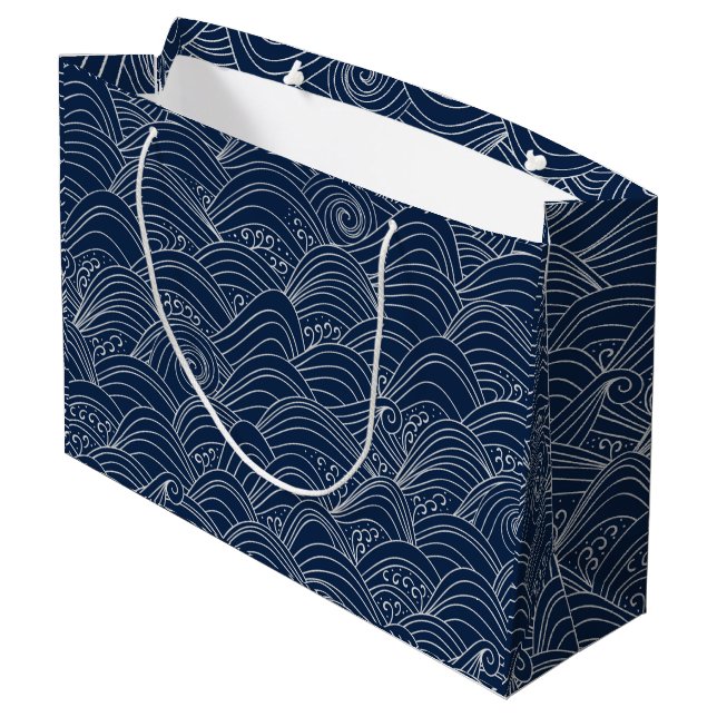 White and blue ocean wave Japanese style pattern Large Gift Bag (Back Angled)