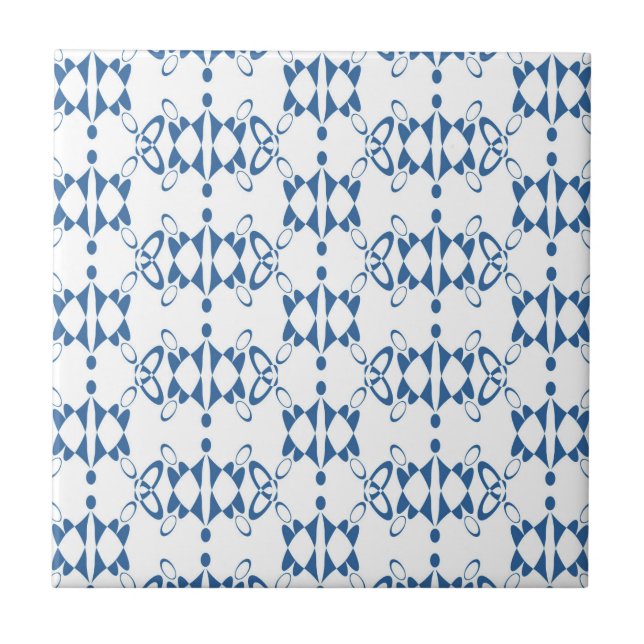 White and blue ornament art Deco geometry Ceramic Tile (Front)