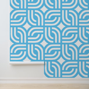 White and blue ornamental geometric tile wallpaper