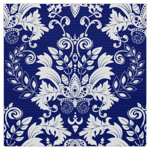 White And Blue Ornate Floral Damasks Fabric