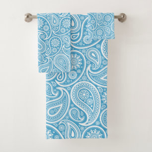 White and blue paisley pattern bath towel set